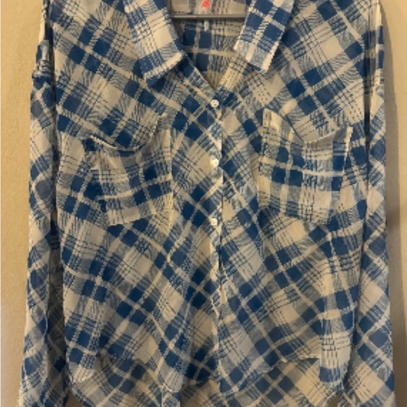 Free People sheer blue and cream plaid top - Picture 2 of 6